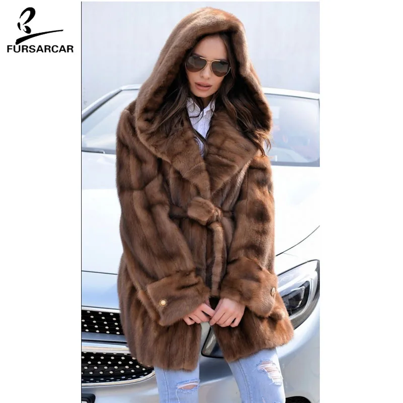 

FURSARCAR 2020 Fashion Luxury Real Mink Fur Coats Women Big Fur Hood Full Pelt Thick Warm Jacket Female Mink Fur Coat