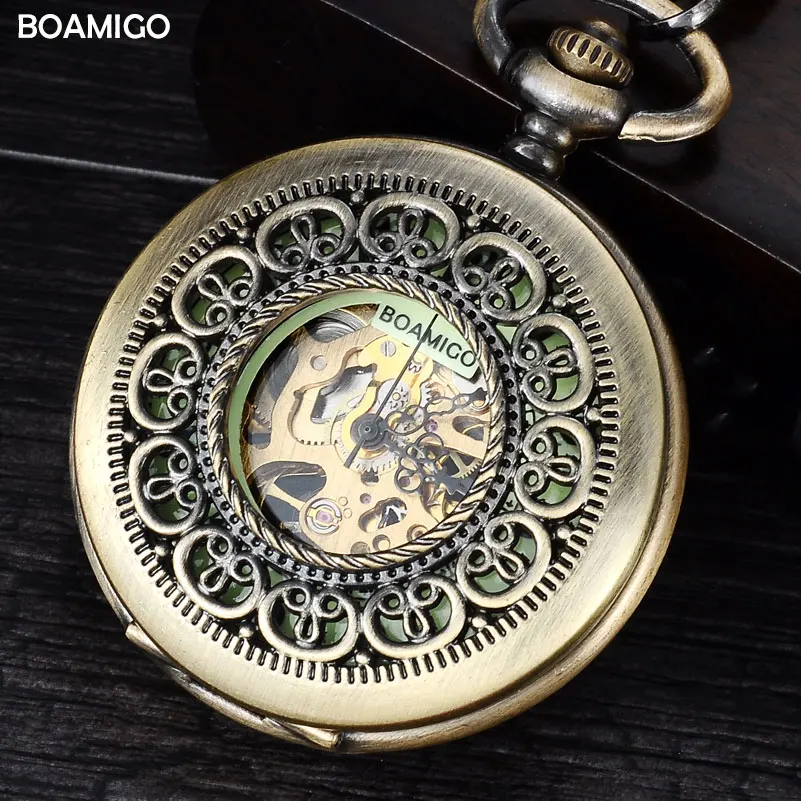 

FOB men pocket watches antique mechanical watches BOAMIGO skeleton roman number watches copper design gift clock reloj hombre