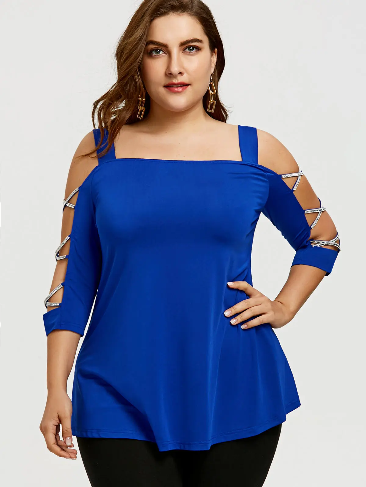 Wipalo Womens Fashions Plus Size 5XL T Shirt With Cut Out Cross Sleeve Cold Shoulder Three Quarter Tops Summer Shirts|fashion t-shirt|t-shirt