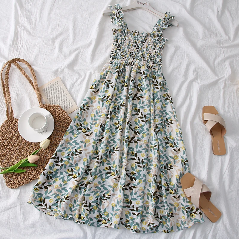 SKOONHEID Цветочные Ruched длинное платье Для женщин Повседневное корейский ремень