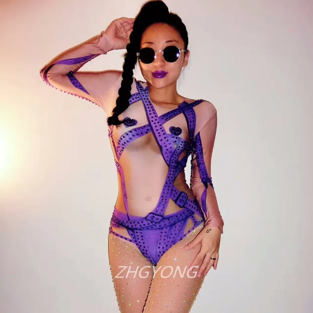 Purple leotard bodysuit Bright Crystals female sexy costumes Bar DJ DS performance Costume Nightclub Pole dancing stage clothing