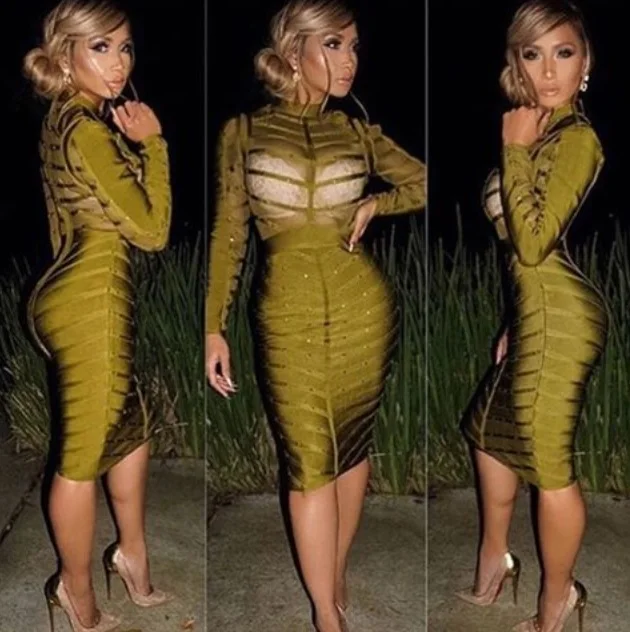 Оливково Зеленая Сетка района заклепки по колено hl облегающее Бандажное платье