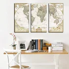 3 Панели больших размеров, модульные настенные картины, Карта мира, живопись на холсте, винтажная Настенная картина, картина для гостиной