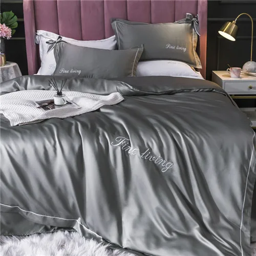 silver grey bed Вымытый Шелковый золотой комплект постельного белья 4 шт./компл. вышивка пододеяльник простыня на резинке, наволочка домашний текстильное постельное белье Комплект постельного белья - Цвет: silver grey bed