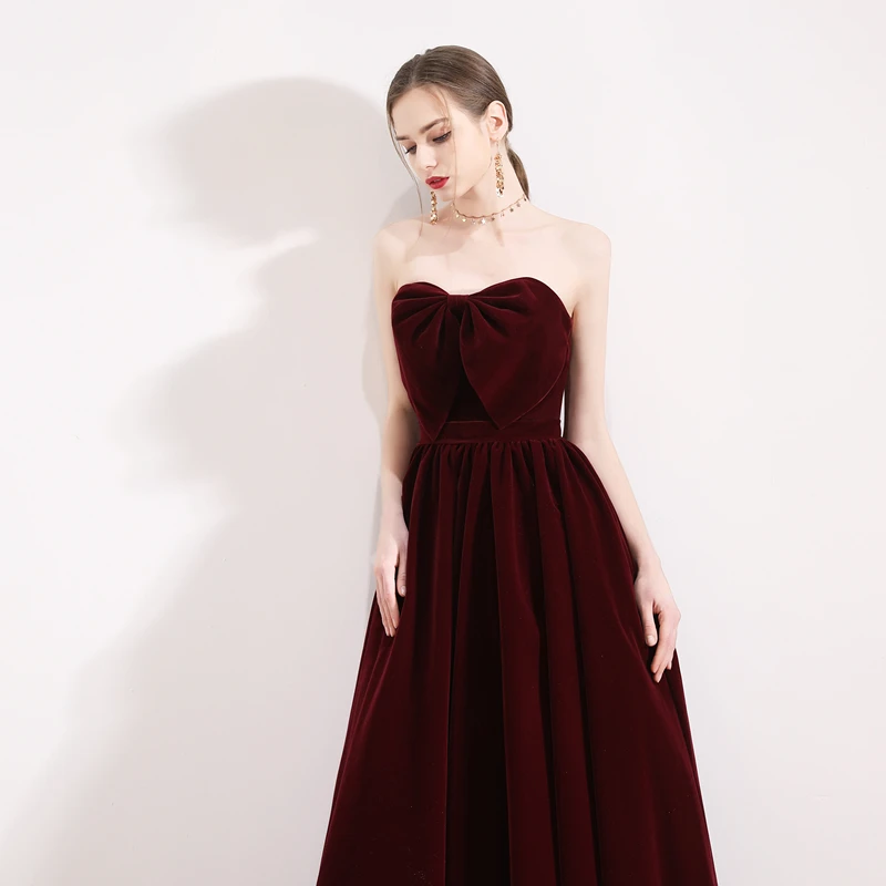 

Винтажное бордовое бархатное платье с открытыми плечами Vestidos De Festa, с открытой спиной, с бантом, со складками, а-силуэт, Формальные Длинные ве...
