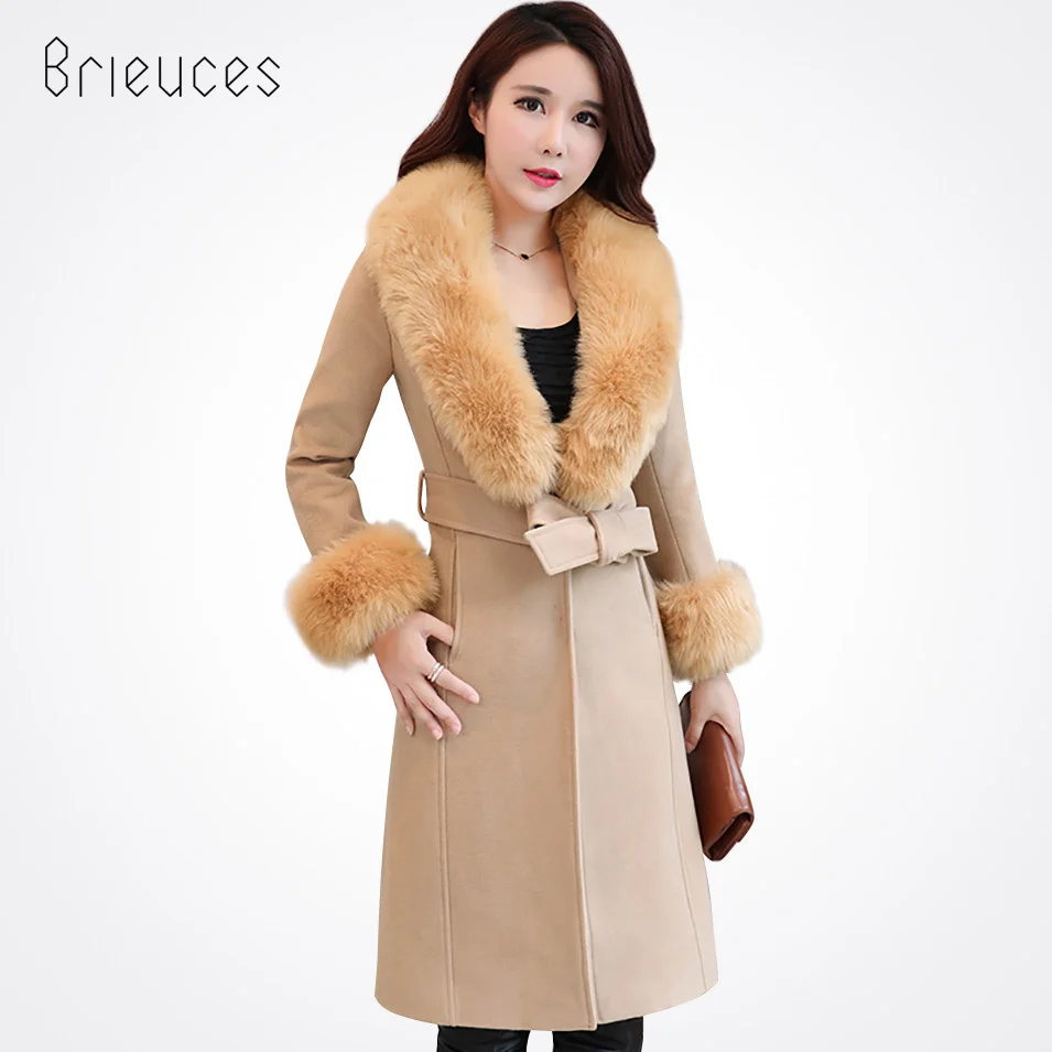 Фото Brieuces 2017 winter coat women new medium-long female overcoat sashes fur collar hooded women's wool warm lovely outerwear Женская Brieuces 2017 winter coat women new medium-long female overcoat sashes fur collar hooded women's wool warm lovely outerwear Женская