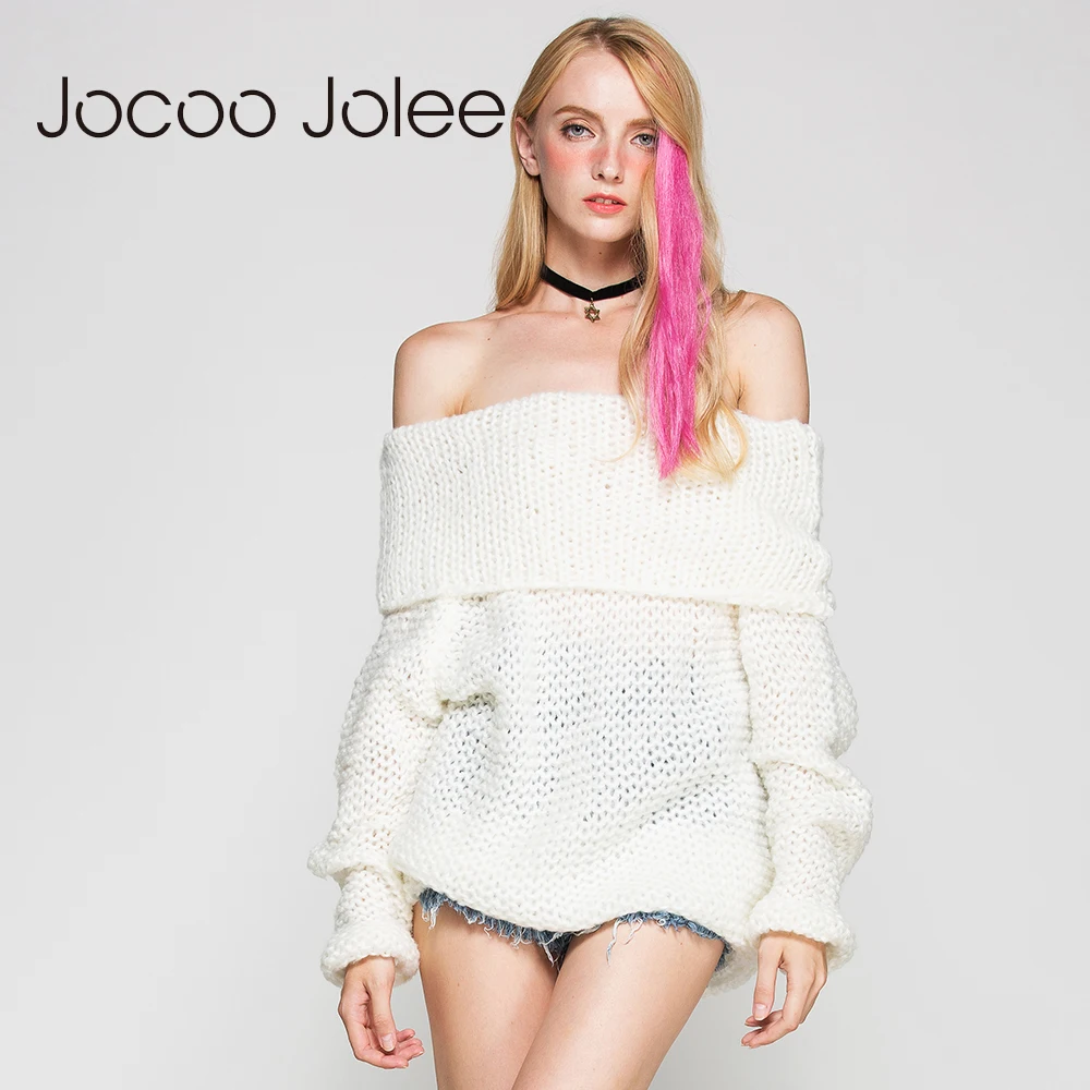 Женский вязаный свитер Jocoo Jolee белый с длинным рукавом и открытыми плечами осень