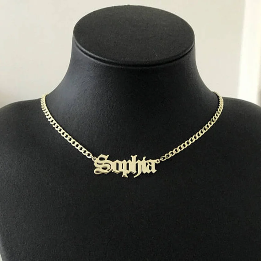 Rose Stainless Steel Curb chain Necklaces Custom Old English Name Necklaces Personalized Women Men BFF Best Friend Gifts