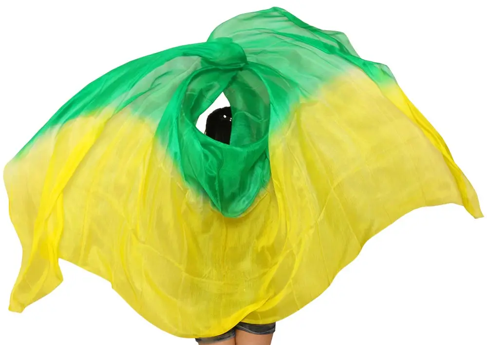 

2016 design 100% real silk belly dance veil, cheap dance veils,tari perut kostum veil wholesale 250*114cm yellow + green