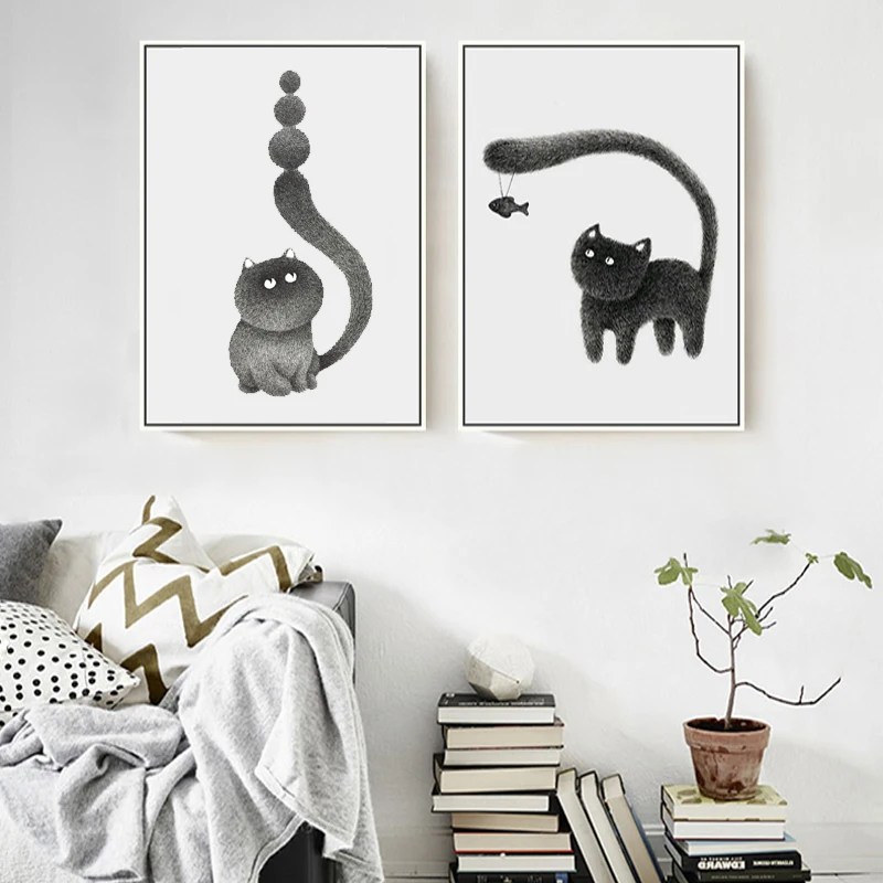 

Modern Cute Black Hairy Cat Canvas Paintings Animals Posters Print Nursery Wall Art Pictures Decorative Prints for Kids Room