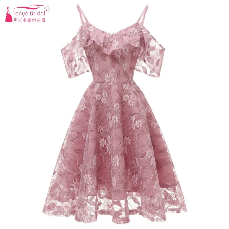 

TANYA BRIDAL Off the Should Spaghetti Straps Lace Bridesmaid Dresses Flowers Knee-Length Formal Wedding Party Dress JQ360
