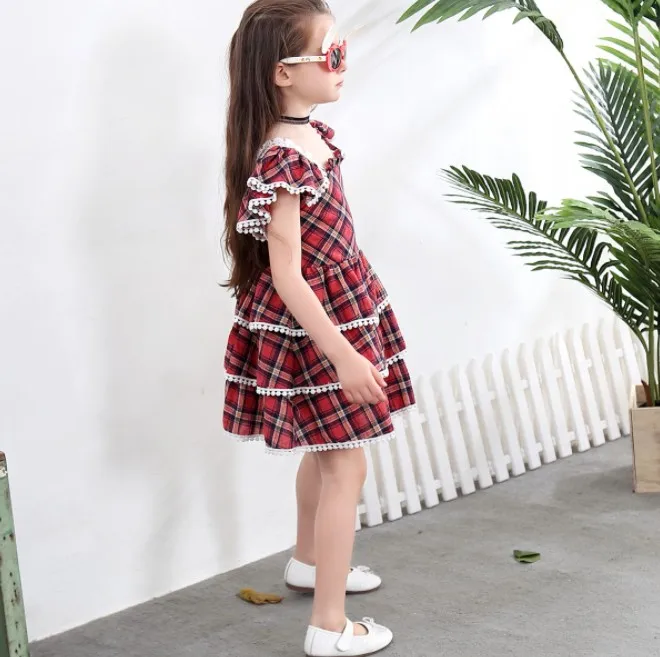 1166#Dress Birthday Cake Girl Baby Dress Red Plaid Three-layer Lace Ruffled Princess Lattice | Детская одежда и обувь