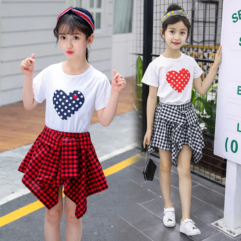 

2PCS Sets Kids Girls Clothes 2020 Summer Teenage Children White Tops+Plaid Skirt Outfits Teenage Little Girl Clothing Set
