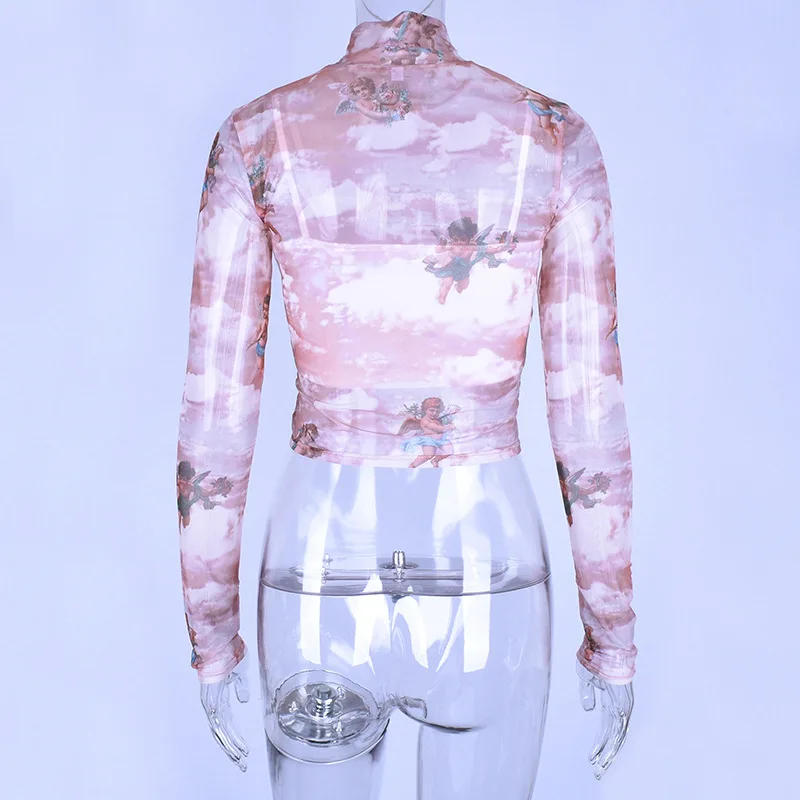 ZHYMIHRET, весенний женский топ с принтом Купидона, с сеткой, Kawaii Angel, с рисунком, футболка с длинным рукавом, с имитацией шеи, футболка, уличная одежда