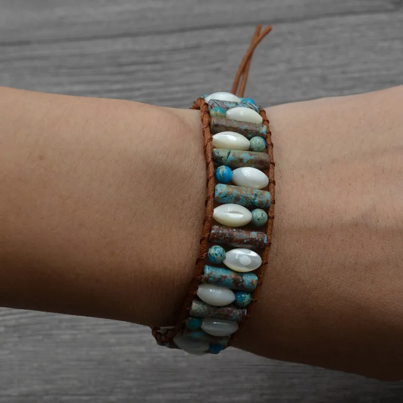 Vintage Natural stone Wrap Bracelet Women Fashion Tube Shape For Single Layer Shell Leather Beaded | Украшения и аксессуары