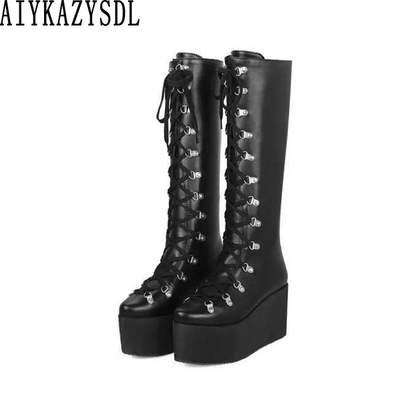 

AIYKAZYSDL Women Knee High Boots Cross Strap Bootie Cosplay Shoes Platform Wedge High Heel Thick Sole Bottom Punk Gothic Shoes