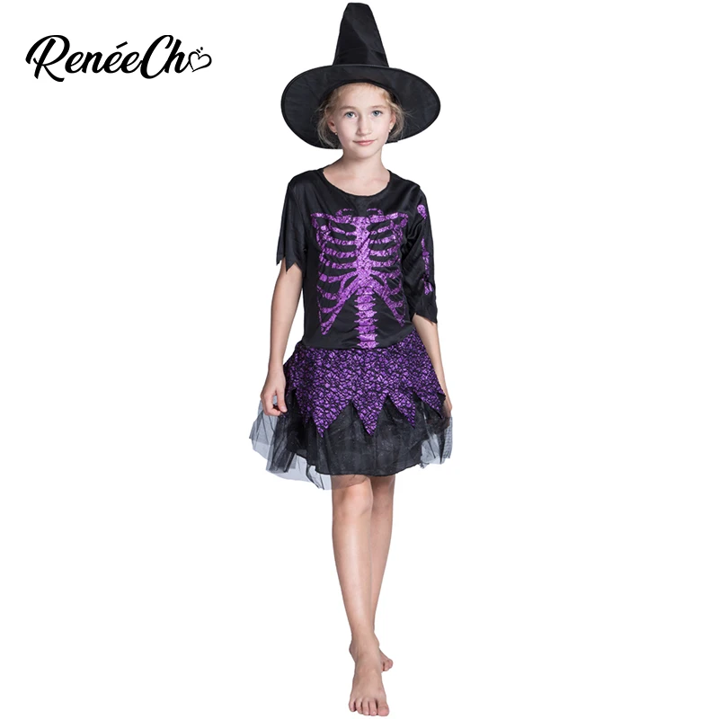 Детский костюм для Хэллоуина Reneecho платье скелет девочек с шляпой ведьмы детские