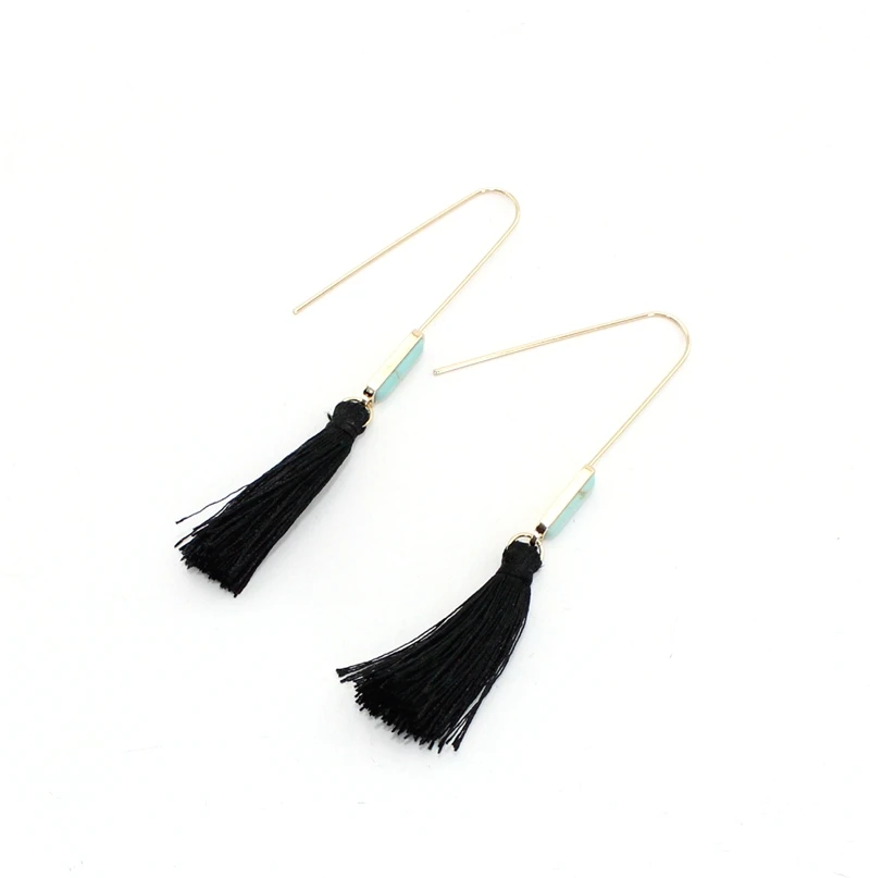 Новинка 2017 женские серьги-подвески с зеленым камнем и черной кисточкой из медной