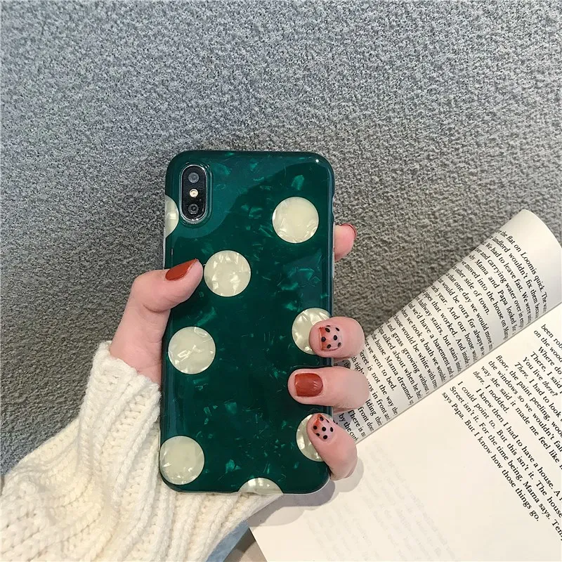 Wixcen Green Fresh Polka Dots Phone Case Glitter Shell Silicon for Iphone 6s 7plus 8 Xs Max Xr X Floral Soft Back Cover | Мобильные