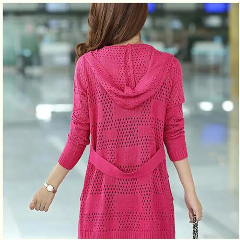 spring autumn new women's knitted cardigans women long solid sweaters hollow hooded shawl for ladies plus size thin kl0440 |