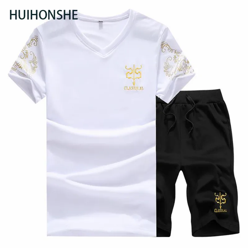 HUIHONSHE Мужской комплект из 2 предметов летняя спортивная футболка с короткими