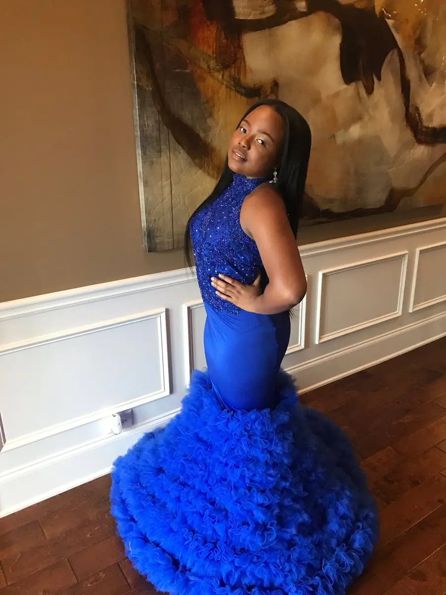 2017 Новая Мода Royal Blue Вечернее Платье Атласная С Аппликациями Русалка Халат Де