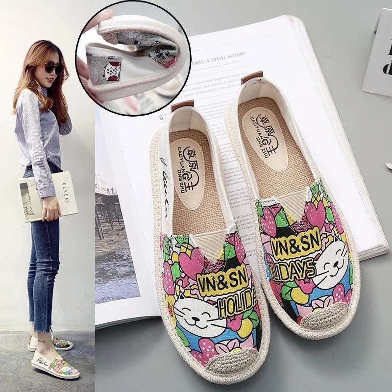 Для женщин обувь на плоской подошве 2017 г. Летние слипоны милые матерчатые женские