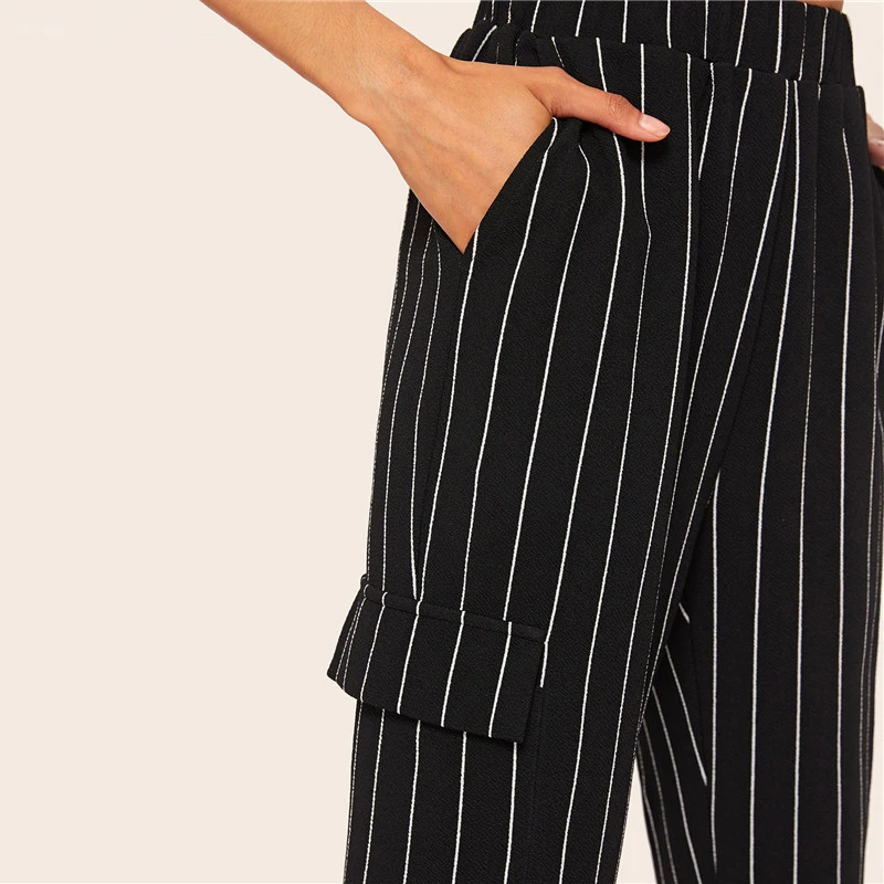 SHEIN Короткие Брюки В Полоску C Боковыми Карманами Женские Весенние Повседневные Брюки С Эластичным Поясом