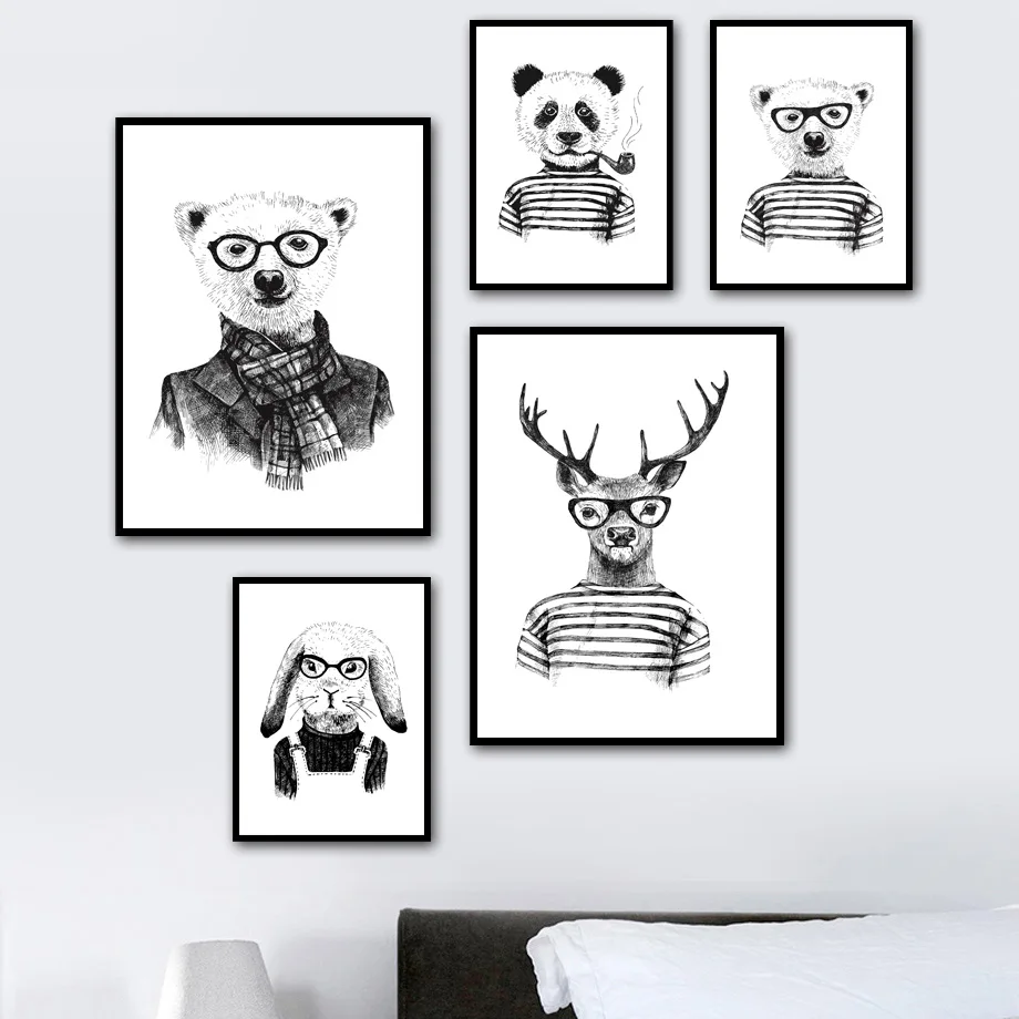 

Deer Panda Bear Wall Art Canvas Painting Nordic Posters And Prints Black White Animals Wall Pictures For Living Room Decoration