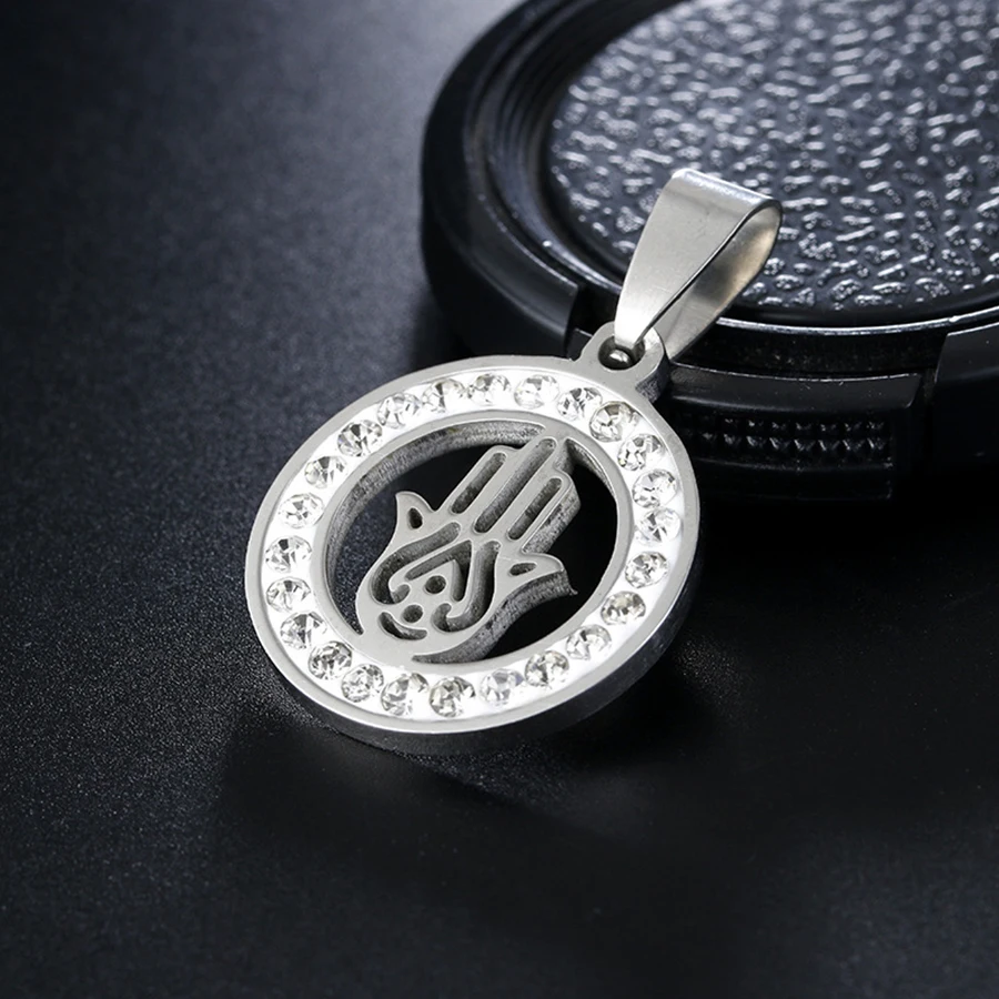 HOBBORN Trendy Hand of Fatima Amulet Women Necklace Stainless Steel Full Crystal Link Chain Fashion Men Pendants &amp Necklaces | Украшения