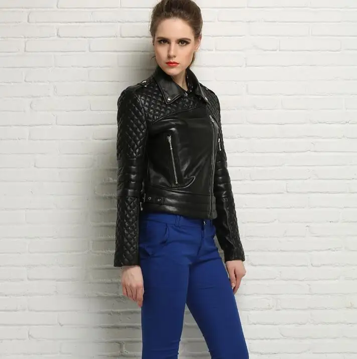 Fashion spring and autumn clothing sheepskin coats womens genuine leather jacket women jaqueta de couro turn-down collar black