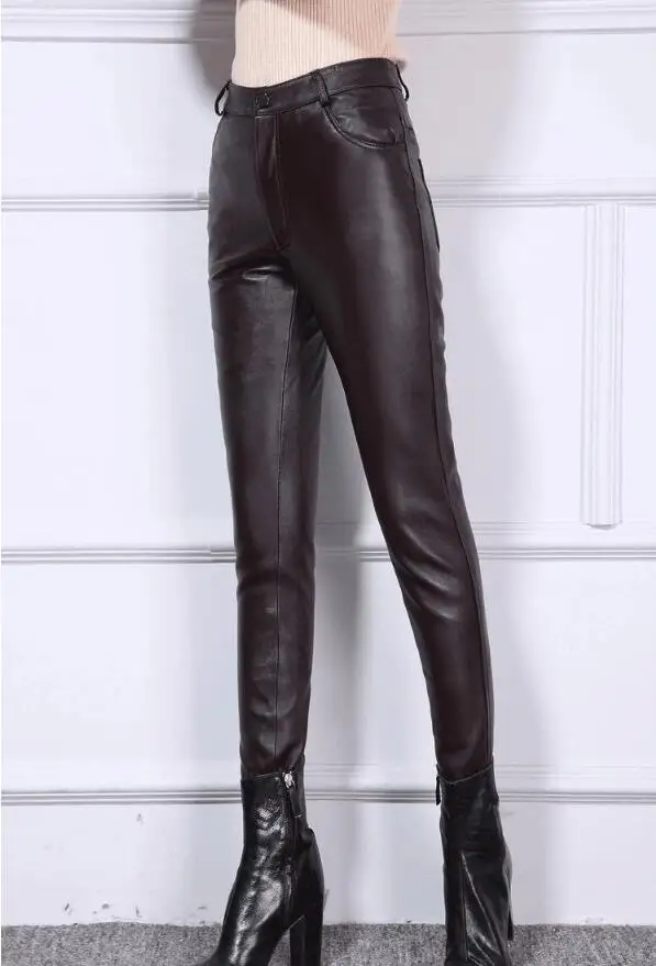S-4XL г. Новые брюки из овечьей кожи женские корейские модные кожаные брюки больших размеров узкие брюки