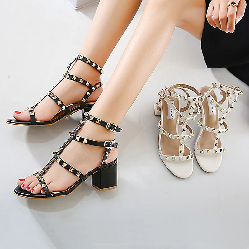 2017 модные летние Обувь Для женщин Гладиатор на Высоком толстом каблуке с