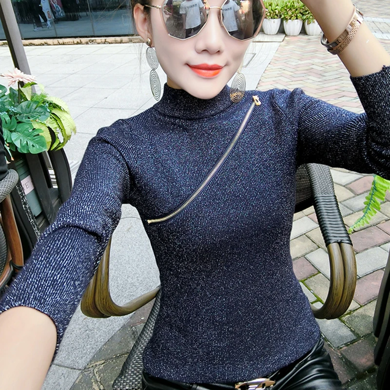 Shintimes 2018 Autumn Zipper Turtleneck Pullover Women Glitter Knitted Sweater Slim Jumper Winter Basic Female Christmas | Женская