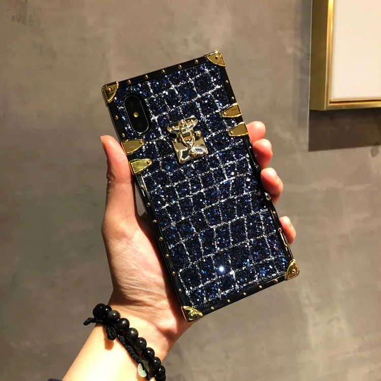 Роскошный блестящий квадратный чехол для телефона для samsung Galaxy S8 S9 Plus Note 9 10 Pro с окантовкой золотого и серебряного цвета решетчатый чехол Чехол - Цвет: Blue Silver