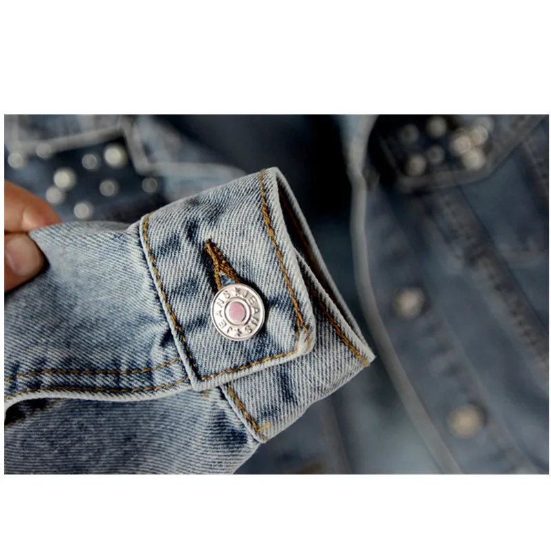 

Women's Basic Outerwear Loose Long Sleeve Beading Vintage Jeans Jacket Single Breasted Female Casual Denim Cool Coat Student Top