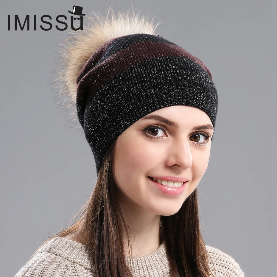 

IMISSU Autumn Winter Beanies Women's Winter Hats Knitted Wool Skullies Casual Hat with Raccoon Fur Pom Pom Gorros Cap Casquette