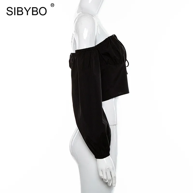 Sibybo, с открытыми плечами, без бретелек, Сексуальная футболка, женская, с длинным рукавом, однобортная, тонкий, кроп-топ, для женщин, с открытой спиной, летние, женские топы