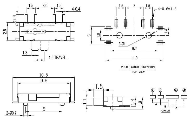 

1000 pcs Miniature Slide Switch 8 Pin 1P3T SP3T ON-ON-ON Right Angle SMT / SMD PCB 1.50mm Height