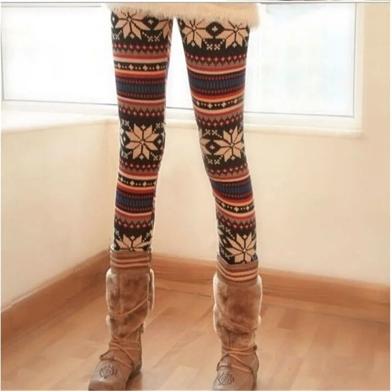 Рождественские новые стильные 2017 зимние женские вязаные леггинсы со снежинками