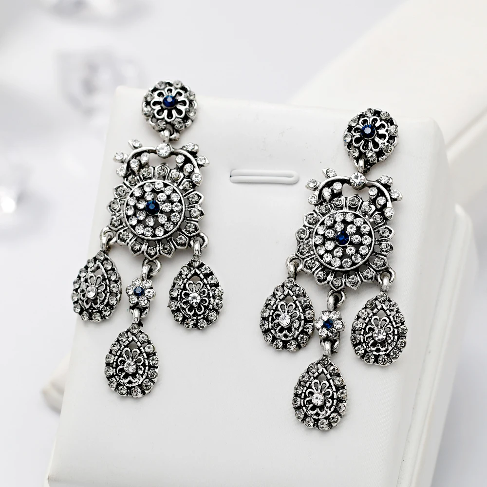 Retro Stud Earrings with Blue Rhinestone Alloy Drop Dangle Jewelry for Women | Украшения и аксессуары
