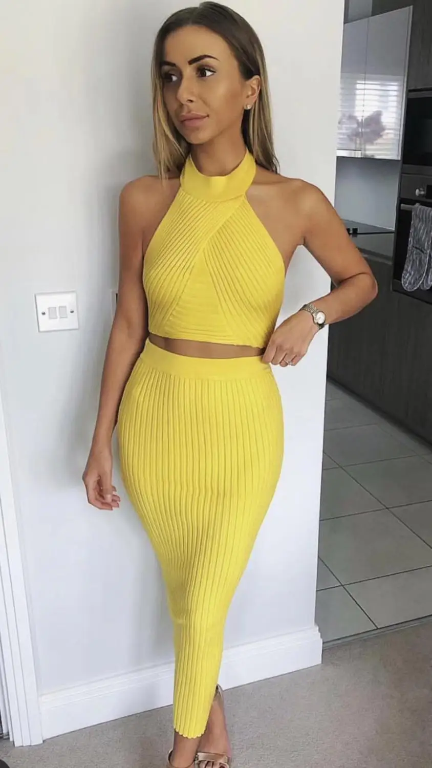 Vestidos летнее платье женское Сексуальное желтое красное Бандажное из 2 предметов