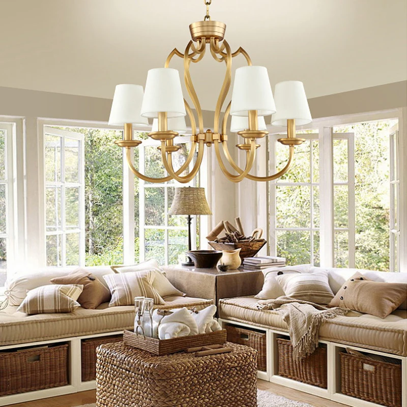 Винтажная медная люстра с 6 лампами тканевые оттенки Подвесная лампа для