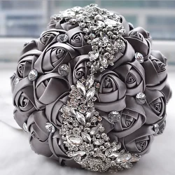 Серый Bling Кристалл Брошь Свадебный букет Искусственные цветы розы подружки невесты ручной работы на заказ Малый атлас - Цвет: Серый