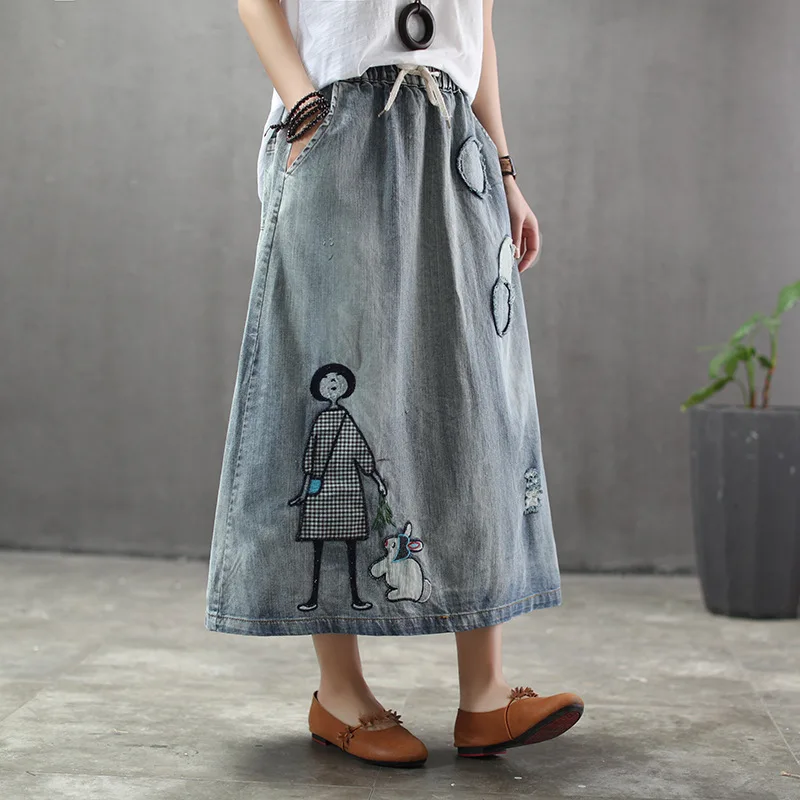Женская джинсовая юбка винтажная Повседневная Свободная с высокой талией