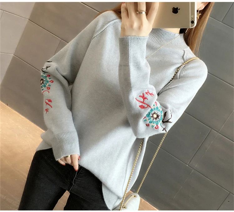 2021 Autumn Winter Floral Embroidery Knitted Sweater Women Pull Femme jersey jumper Tops sweaters and pullovers | Женская одежда