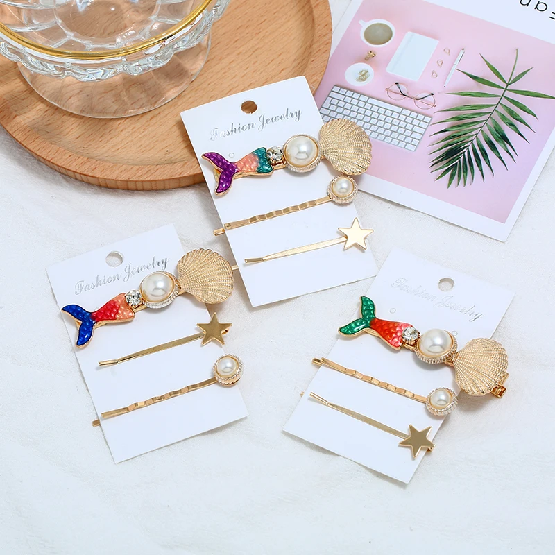 

3 of pack sweet hair clip for women with inlay faux pearl /rhinestone /resin /opal design female side clip bangs clip