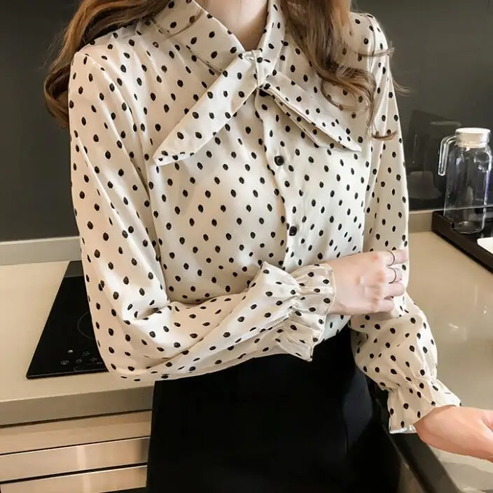 

Women Tops Casual Bow Neck Long Sleeve Blouses Spring Summer Fashion Elegant Chiffon Polka Dots Shirt Female Clothing Plus Size