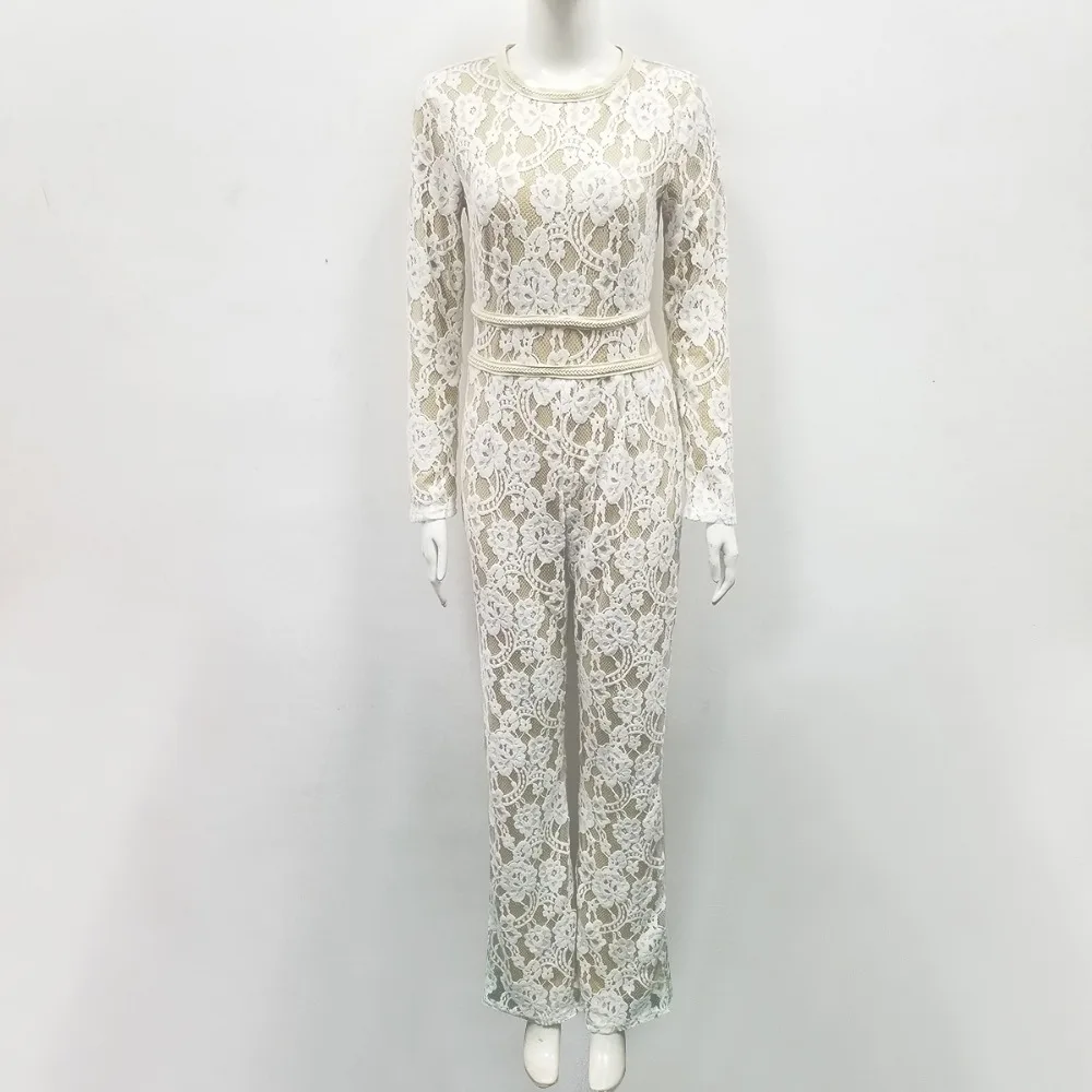 Summer White Bodysuit Deep O-Neck Female Body Hot Sexy Women Long Sleeve Lace Jumpsuit Overalls Streetwear
