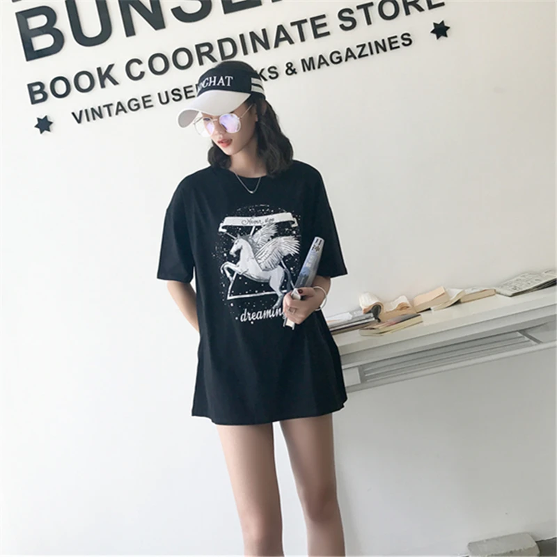 Harajuku Black Women T-shirt 2018 Unicon Star Printing Aesthetic Summer Tee Shirt Femme Casual Loose Tshirt | Женская одежда